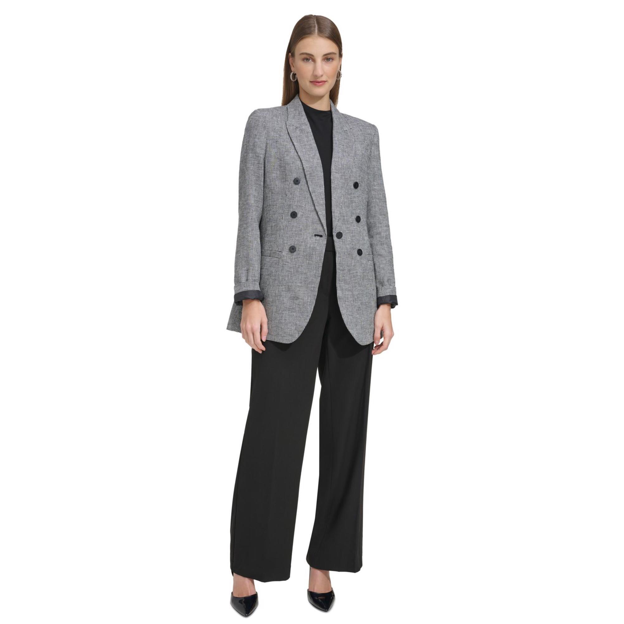 Womens Linen Blend Check One-Button Blazer